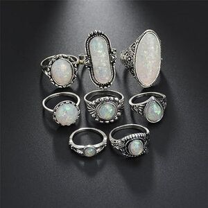 8 Piece Set White Opal Rings Jewelry Stone Alloy Steel Carved Bohemian Fairygoth